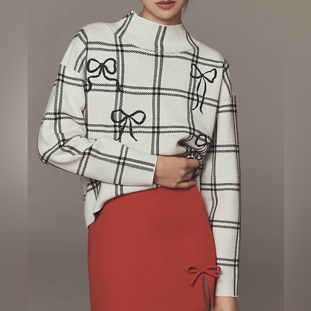 Anthropologie Maeve Carys Mock Neck Sweater Black Off White Bow Size Small New - Picture 10 of 10